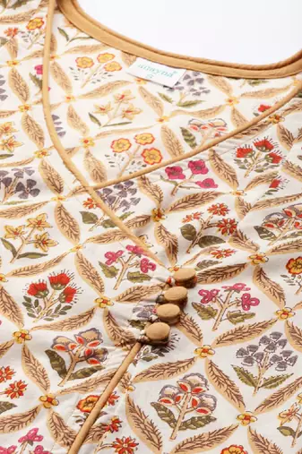Women white & beige pure cotton ethnic motifs printed angrakha kurta