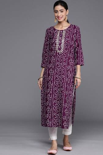 Women purple & white bandhani printed pure cotton kurta