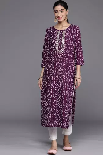 Women purple & white bandhani printed pure cotton kurta