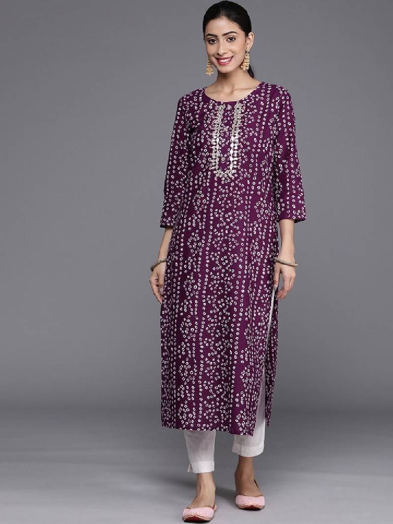 Women purple & white bandhani printed pure cotton kurta