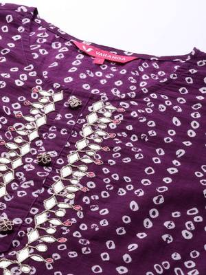 Women purple & white bandhani printed pure cotton kurta 2