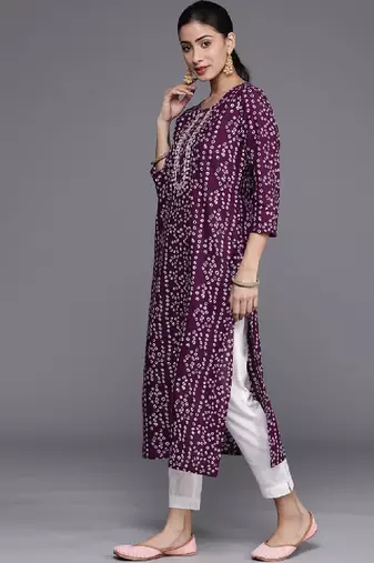 Women purple & white bandhani printed pure cotton kurta