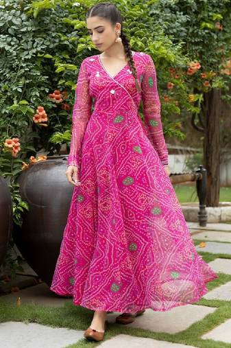 Women pink ethnic motifs printed long sleeve georgette anarkali kurta