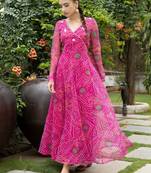 Women pink ethnic motifs printed long sleeve georgette anarkali kurta