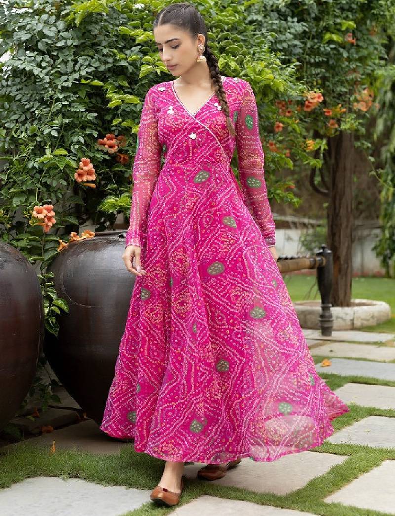 Women pink ethnic motifs printed long sleeve georgette anarkali kurta