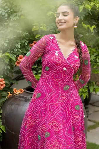 Women pink ethnic motifs printed long sleeve georgette anarkali kurta