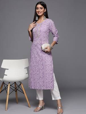 Women lavender & white bandhani printed gotta patti cotton straight kurta 1