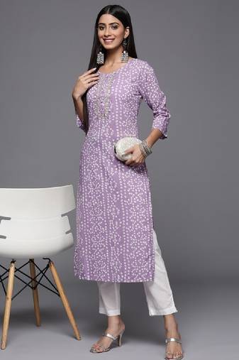 Women lavender & white bandhani printed gotta patti cotton straight kurta