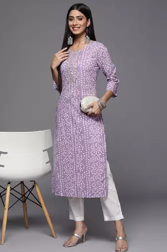 Women lavender & white bandhani printed gotta patti cotton straight kurta