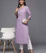 Women lavender & white bandhani printed gotta patti cotton straight kurta