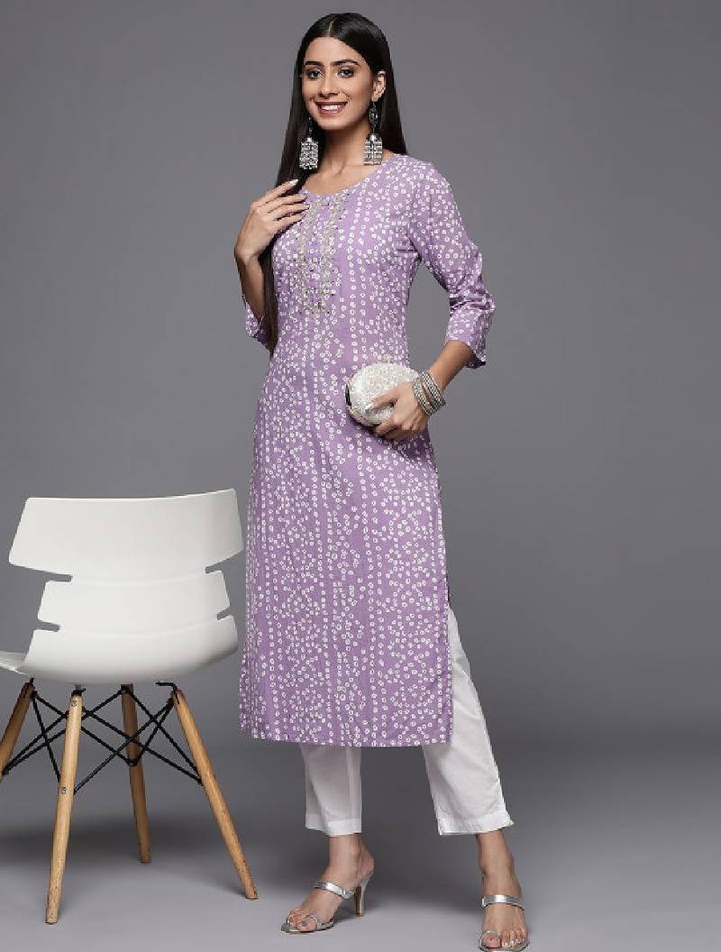 Women lavender & white bandhani printed gotta patti cotton straight kurta