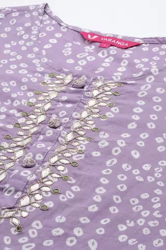Women lavender & white bandhani printed gotta patti cotton straight kurta