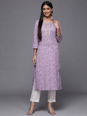 Women lavender & white bandhani printed gotta patti cotton straight kurta 3