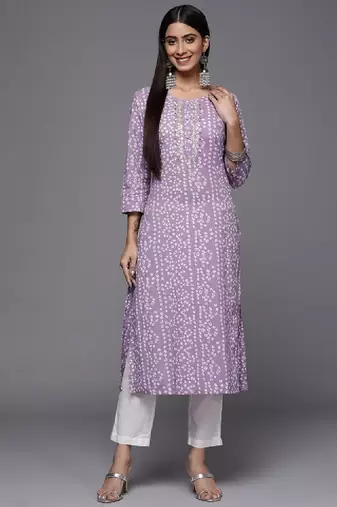 Women lavender & white bandhani printed gotta patti cotton straight kurta
