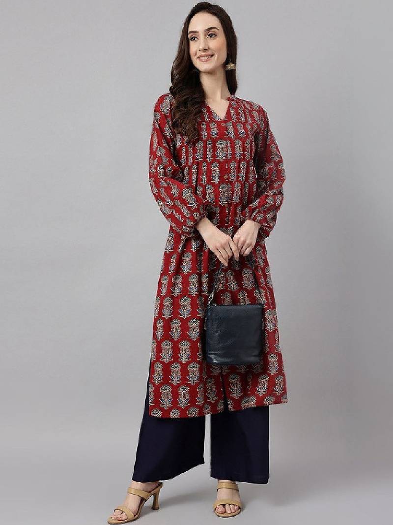 Women maroon pure cotton floral printed flared kurta