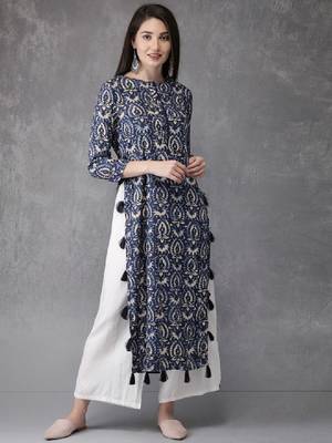 Women blue printed straight kurta 1