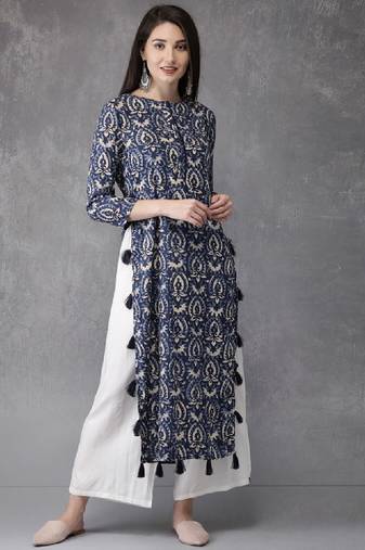 Women blue printed straight kurta