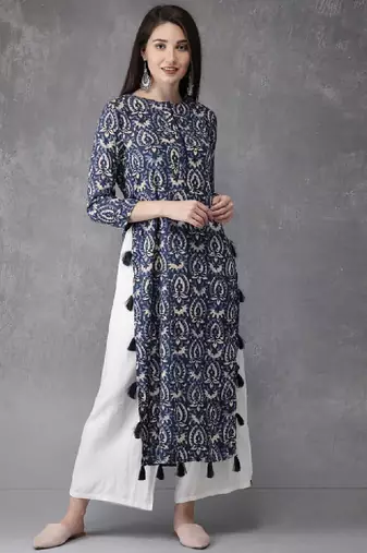 Women blue printed straight kurta