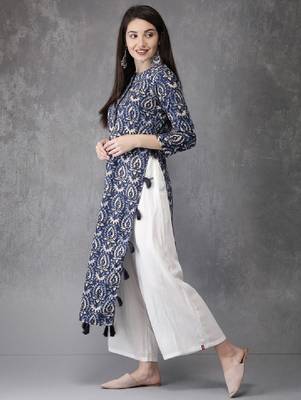Women blue printed straight kurta 3