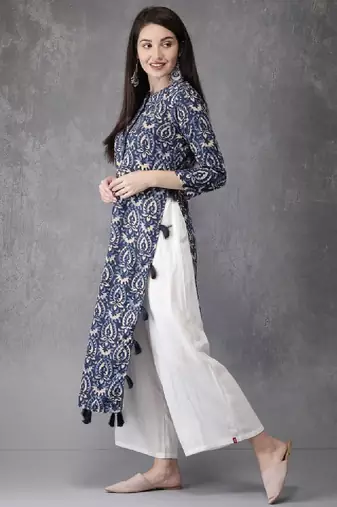 Women blue printed straight kurta
