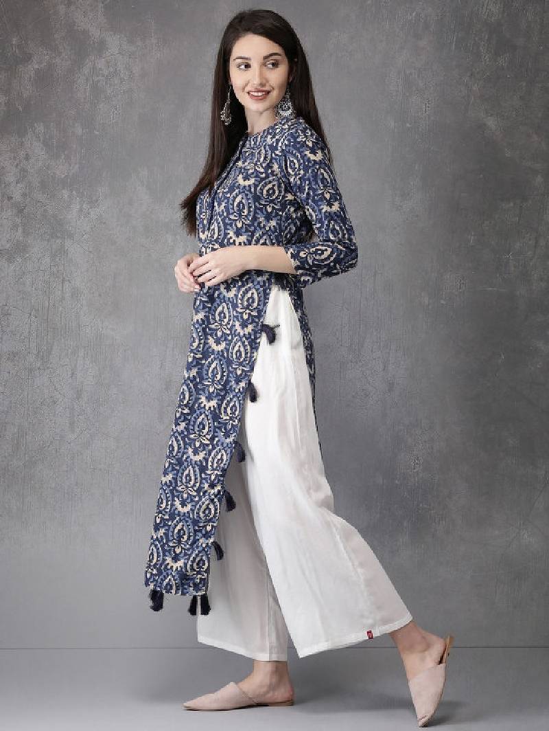 Women blue printed straight kurta