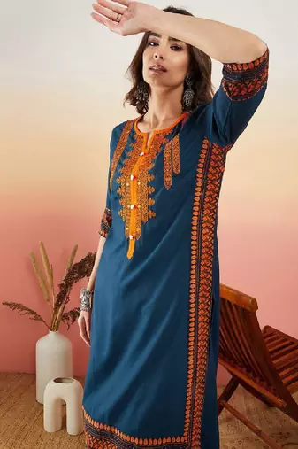 Navy blue ethnic motifs embroidered thread work straight kurta