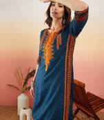 Navy blue ethnic motifs embroidered thread work straight kurta