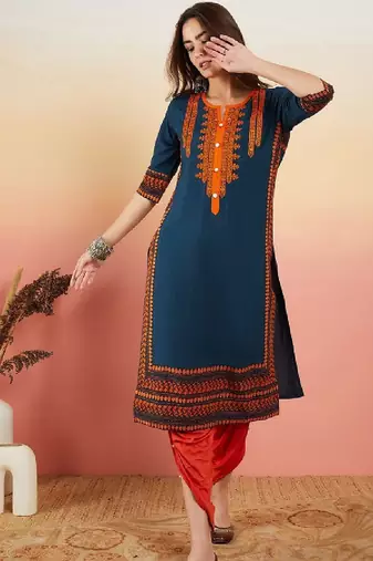 Navy blue ethnic motifs embroidered thread work straight kurta