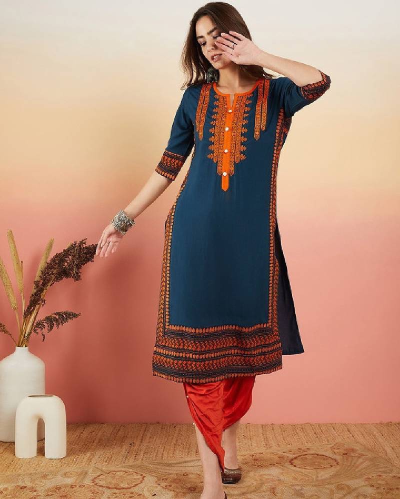 Navy blue ethnic motifs embroidered thread work straight kurta