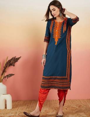 Navy blue ethnic motifs embroidered thread work straight kurta 3