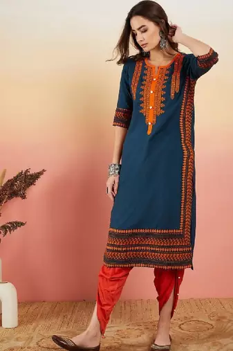 Navy blue ethnic motifs embroidered thread work straight kurta