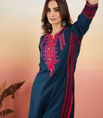 Navy blue ethnic motifs embroidered thread work straight kurta