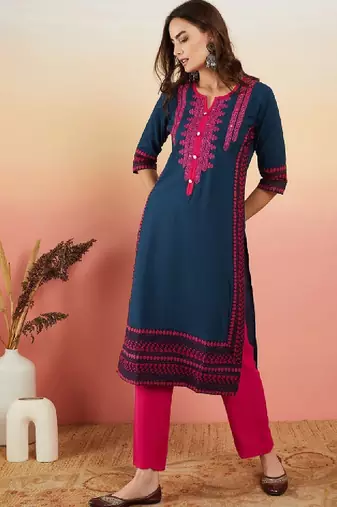 Navy blue ethnic motifs embroidered thread work straight kurta
