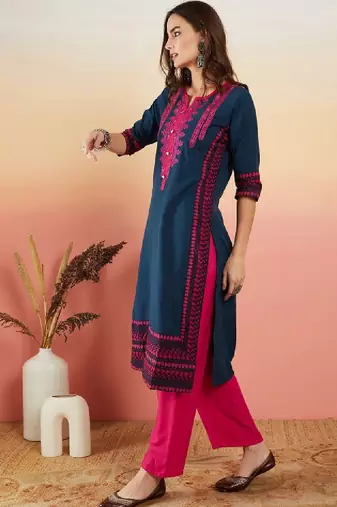 Navy blue ethnic motifs embroidered thread work straight kurta
