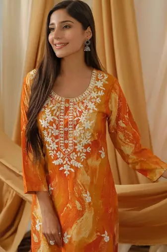 Abstract printed round neck straight kurta