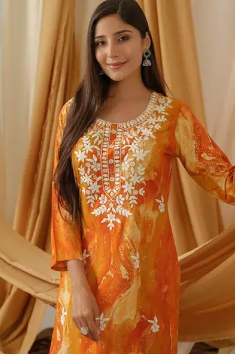 Abstract printed round neck straight kurta