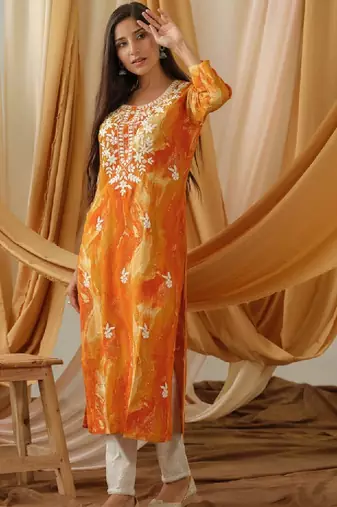 Abstract printed round neck straight kurta