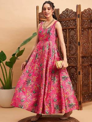 Pink & green floral printed pleated anarkali kurta 1