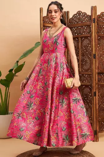 Pink & green floral printed pleated anarkali kurta