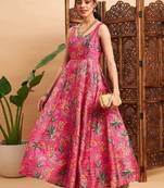 Pink & green floral printed pleated anarkali kurta