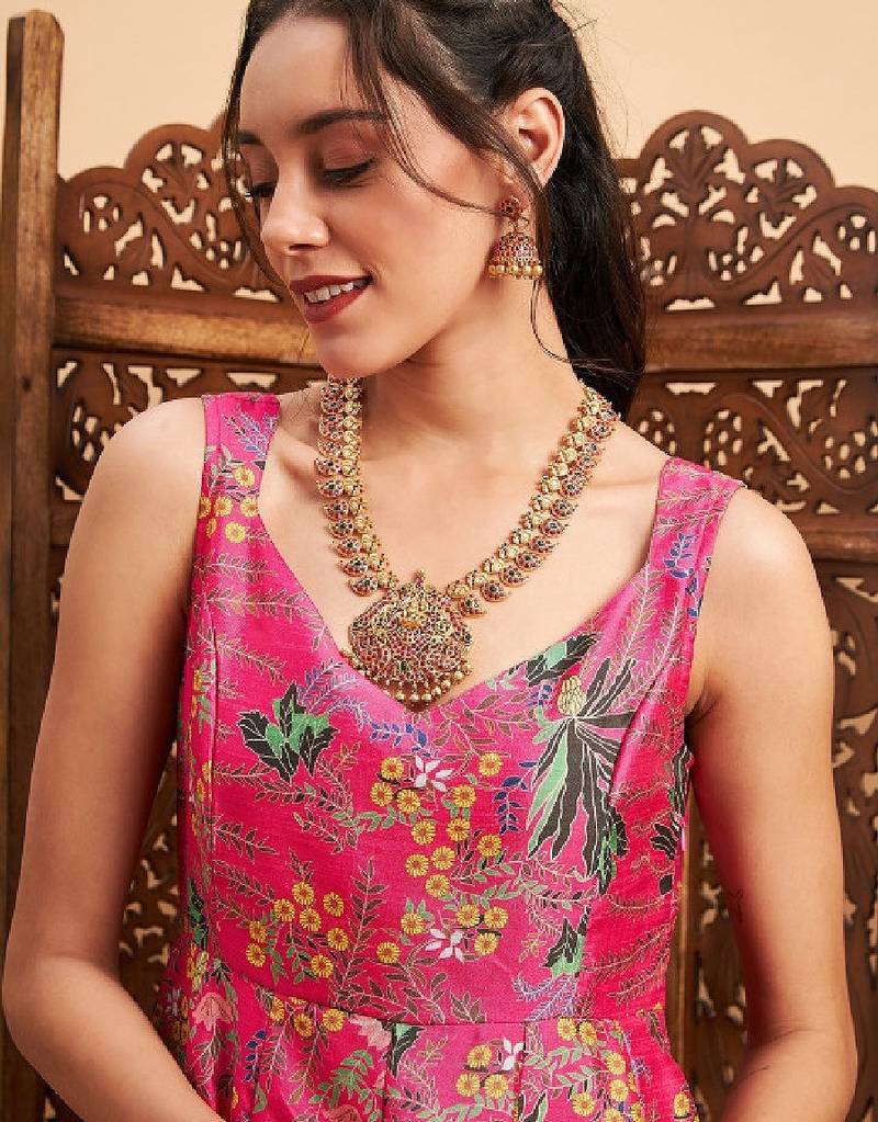 Pink & green floral printed pleated anarkali kurta
