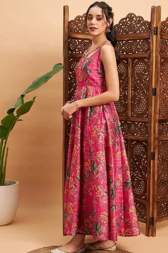 Pink & green floral printed pleated anarkali kurta