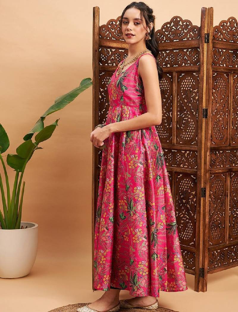 Pink & green floral printed pleated anarkali kurta