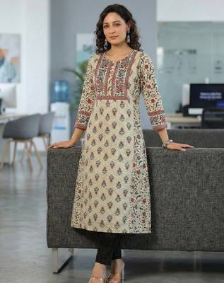 Cream ethnic motifs printed sequinned pure cotton a-line kurta 1