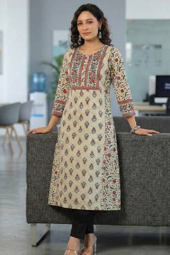 Cream ethnic motifs printed sequinned pure cotton a-line kurta
