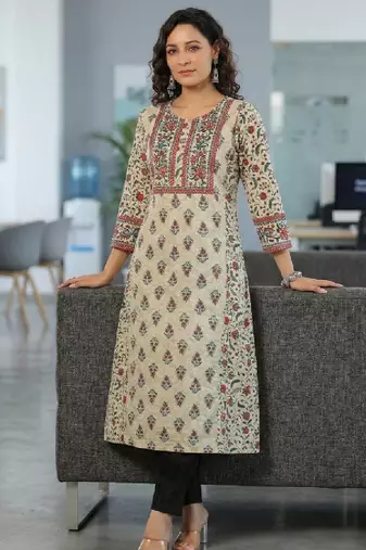 Cream ethnic motifs printed sequinned pure cotton a-line kurta