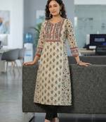 Cream ethnic motifs printed sequinned pure cotton a-line kurta