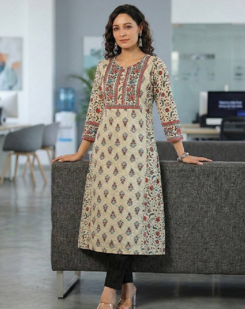 Cream ethnic motifs printed sequinned pure cotton a-line kurta