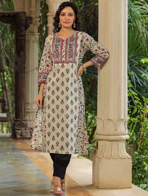 Cream ethnic motifs printed sequinned pure cotton a-line kurta 2