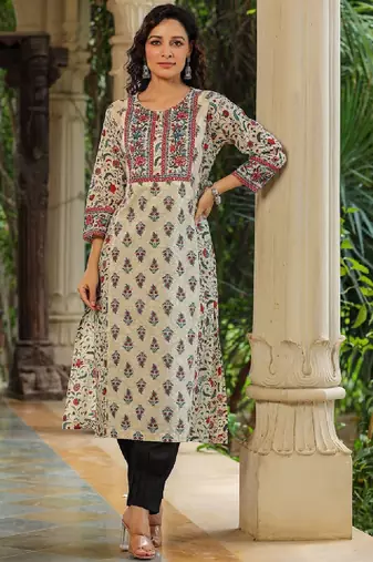 Cream ethnic motifs printed sequinned pure cotton a-line kurta